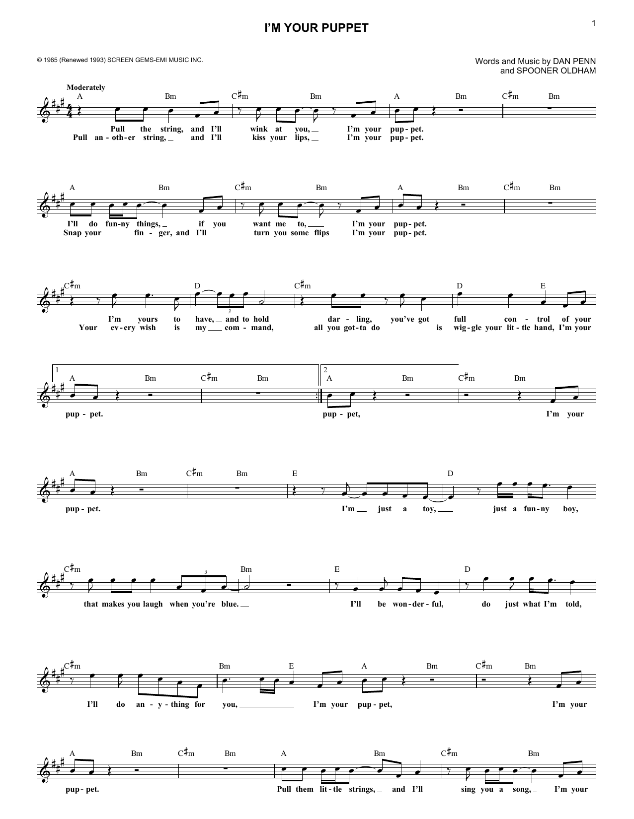 James & Bobby Purify I'm Your Puppet sheet music notes and chords. Download Printable PDF.