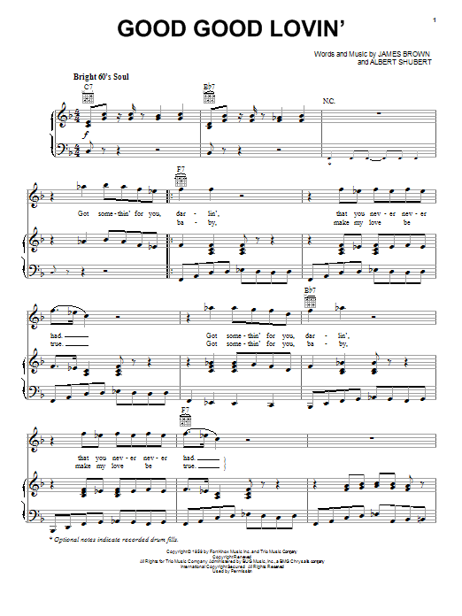 Learn to play James Brown Good Good Lovin' sheet music for Piano, Vocal & Guitar Chords (Right-Hand Melody) in minutes. Price: 7.8900$ James Brown Good Good Lovin' sheet music notes and chords arranged for Piano, Vocal & Guitar Chords (Right-Hand Melody)