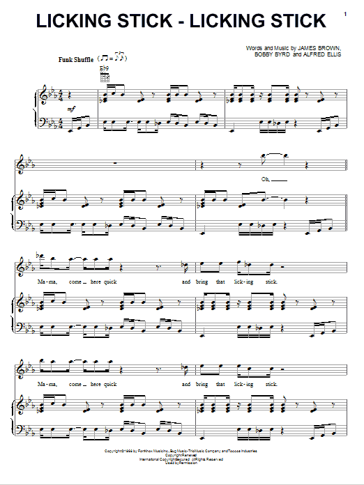 Learn to play James Brown Licking Stick - Licking Stick sheet music for Piano, Vocal & Guitar Chords (Right-Hand Melody) in minutes. Price: 7.8900$ James Brown Licking Stick - Licking Stick sheet music notes and chords arranged for Piano, Vocal & Guitar Chords (Right-Hand Melody)
