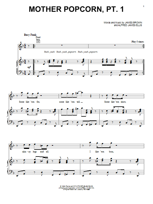 Learn to play James Brown Mother Popcorn, Pt. 1 sheet music for Piano, Vocal & Guitar Chords (Right-Hand Melody) in minutes. Price: 7.8900$ James Brown Mother Popcorn, Pt. 1 sheet music notes and chords arranged for Piano, Vocal & Guitar Chords (Right-Hand Melody)