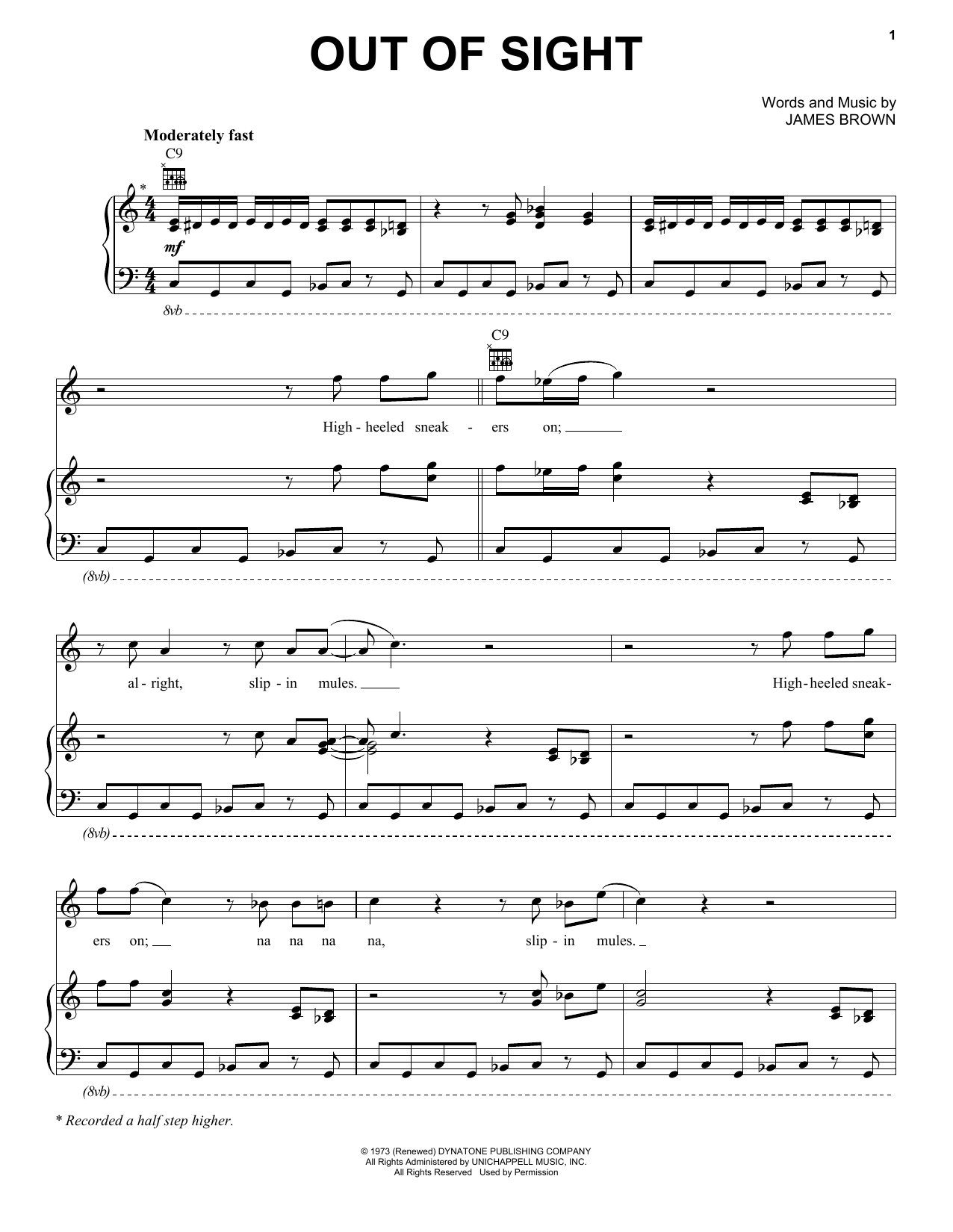 Learn to play James Brown Out Of Sight sheet music for Piano, Vocal & Guitar Chords (Right-Hand Melody) in minutes. Price: 7.8900$ James Brown Out Of Sight sheet music notes and chords arranged for Piano, Vocal & Guitar Chords (Right-Hand Melody)