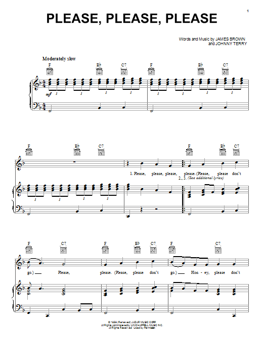 Learn to play James Brown Please, Please, Please sheet music for Piano, Vocal & Guitar Chords (Right-Hand Melody) in minutes. Price: 7.8900$ James Brown Please, Please, Please sheet music notes and chords arranged for Piano, Vocal & Guitar Chords (Right-Hand Melody)