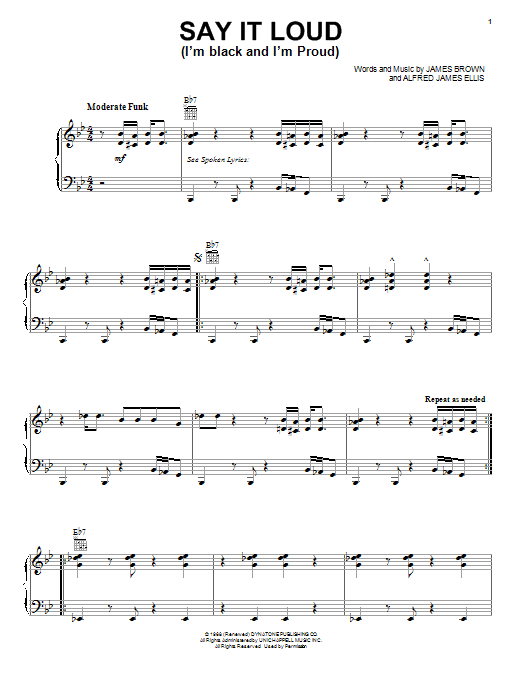 Learn to play James Brown Say It Loud (I'm Black And I'm Proud) sheet music for Piano, Vocal & Guitar Chords (Right-Hand Melody) in minutes. Price: 7.8900$ James Brown Say It Loud (I'm Black And I'm Proud) sheet music notes and chords arranged for Piano, Vocal & Guitar Chords (Right-Hand Melody)