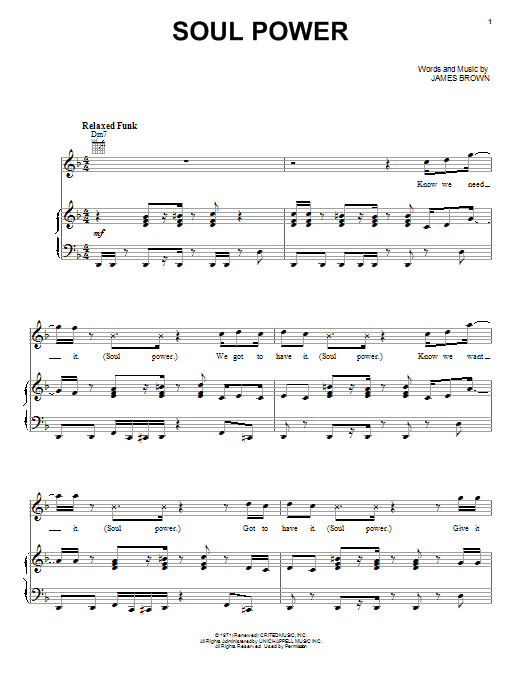 Learn to play James Brown Soul Power sheet music for Piano, Vocal & Guitar Chords (Right-Hand Melody) in minutes. Price: 7.8900$ James Brown Soul Power sheet music notes and chords arranged for Piano, Vocal & Guitar Chords (Right-Hand Melody)