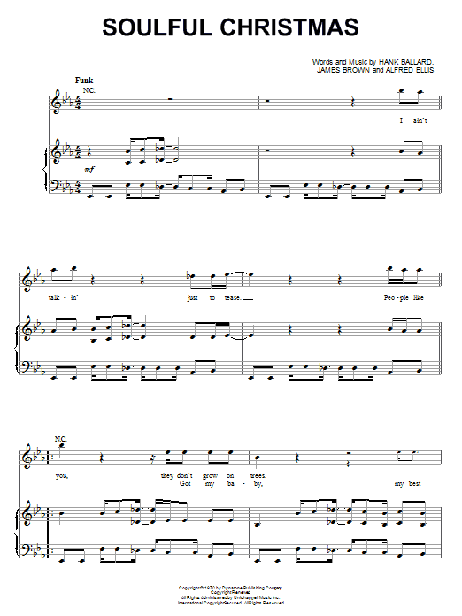 Learn to play James Brown Soulful Christmas sheet music for Piano, Vocal & Guitar Chords (Right-Hand Melody) in minutes. Price: 7.8900$ James Brown Soulful Christmas sheet music notes and chords arranged for Piano, Vocal & Guitar Chords (Right-Hand Melody)