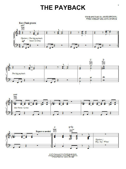 Learn to play James Brown The Payback sheet music for Piano, Vocal & Guitar Chords (Right-Hand Melody) in minutes. Price: 7.8900$ James Brown The Payback sheet music notes and chords arranged for Piano, Vocal & Guitar Chords (Right-Hand Melody)