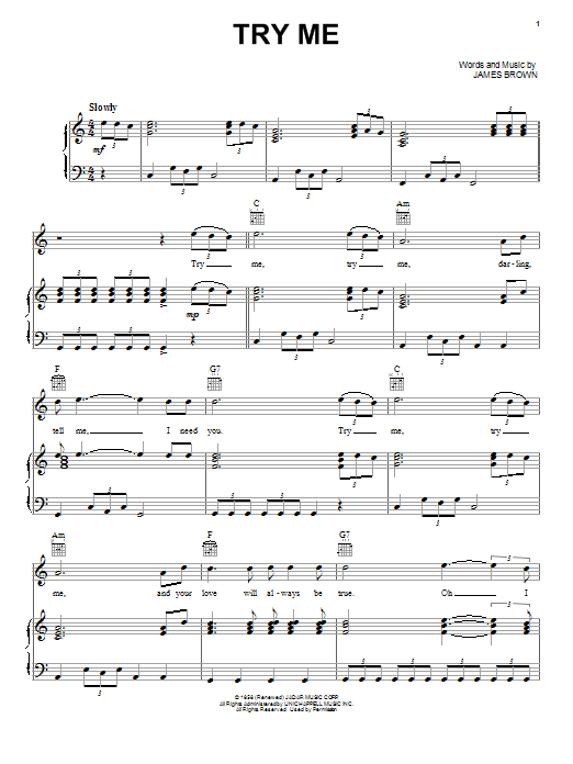 Learn to play James Brown Try Me sheet music for Piano, Vocal & Guitar Chords (Right-Hand Melody) in minutes. Price: 7.8900$ James Brown Try Me sheet music notes and chords arranged for Piano, Vocal & Guitar Chords (Right-Hand Melody)