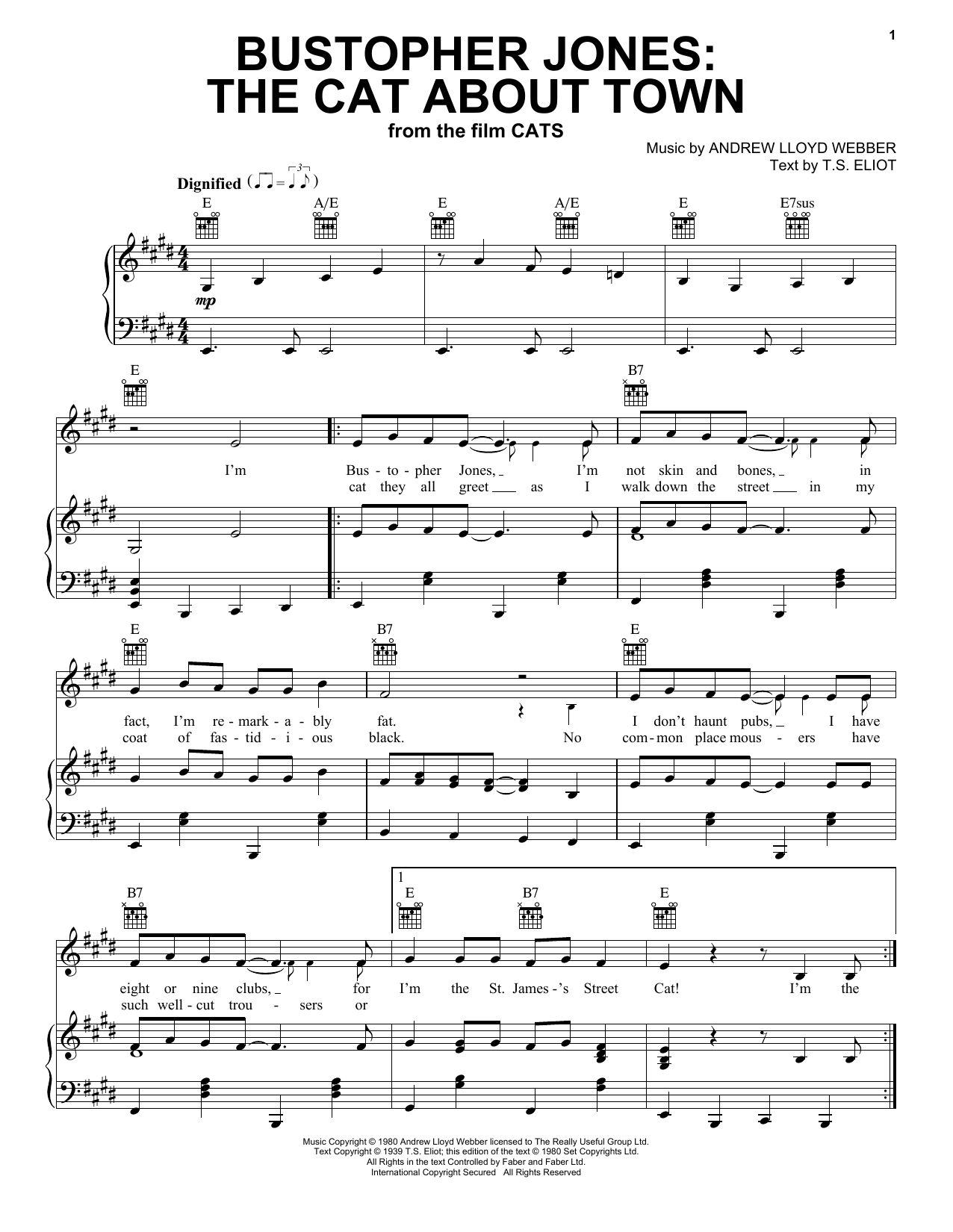 Learn to play James Corden Bustopher Jones: The Cat About Town (from the Motion Picture Cats) sheet music for Piano, Vocal & Guitar Chords (Right-Hand Melody) in minutes. Price: 6.9900$ James Corden Bustopher Jones: The Cat About Town (from the Motion Picture Cats) sheet music notes and chords arranged for Piano, Vocal & Guitar Chords (Right-Hand Melody)