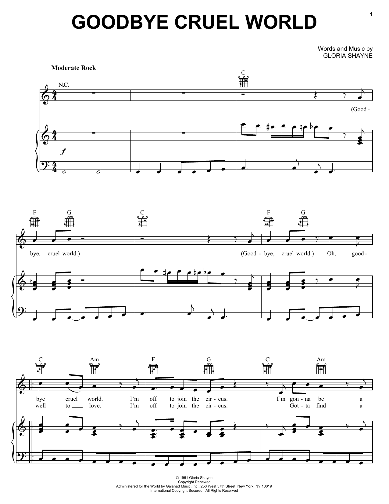 James Darren Goodbye Cruel World sheet music notes and chords arranged for Piano, Vocal & Guitar Chords (Right-Hand Melody)