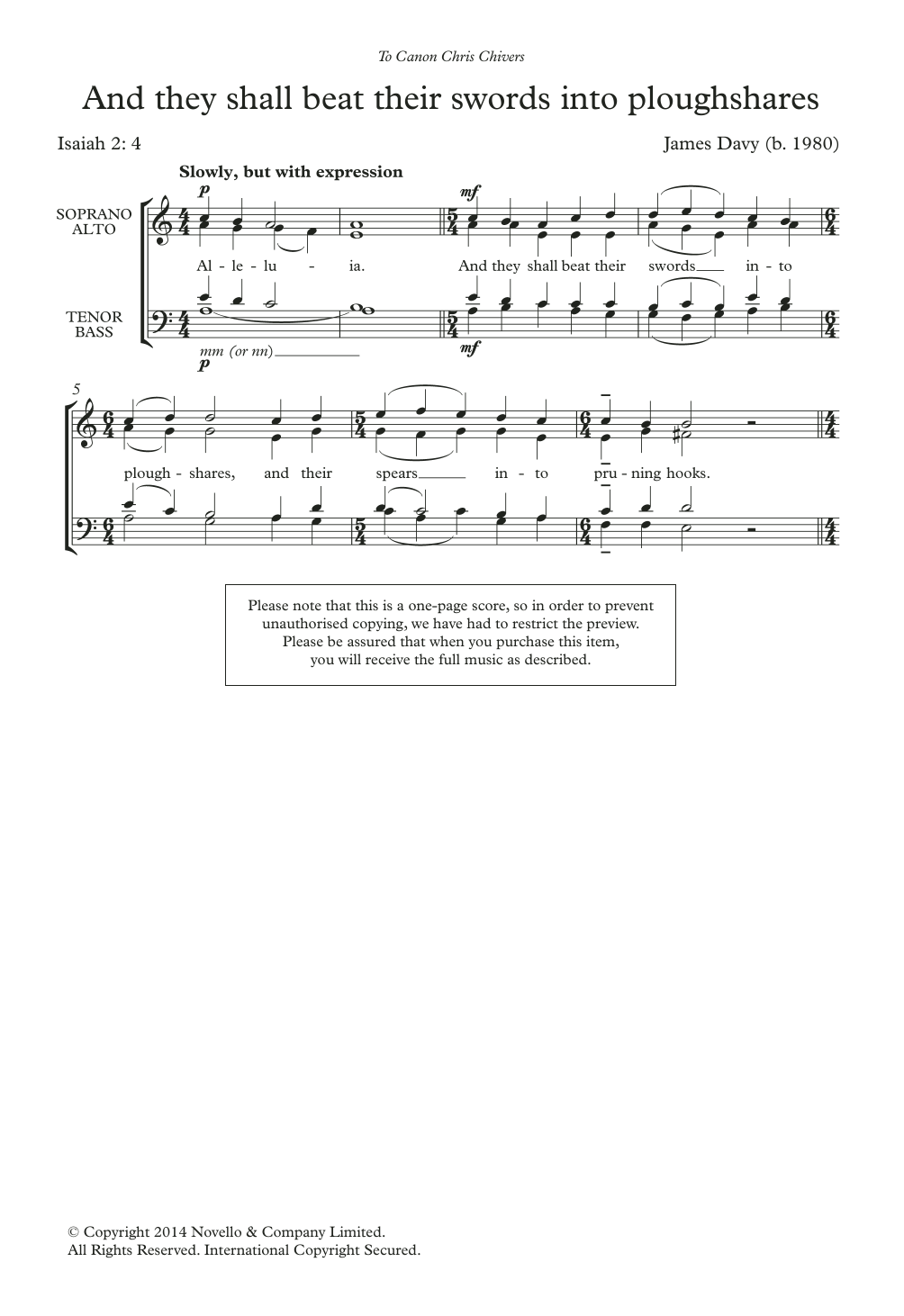 James Davy And They Shall Beat Their Swords Into Ploughshares sheet music notes and chords. Download Printable PDF.