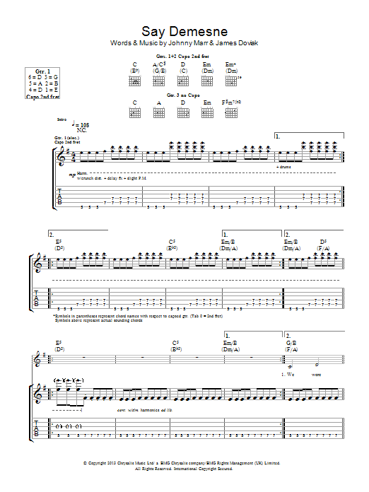 Learn to play Johnny Marr Say Demesne sheet music for Guitar Tab in minutes. Price: 7.8900$ Johnny Marr Say Demesne sheet music notes and chords arranged for Guitar Tab