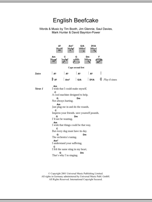 Learn to play James English Beefcake sheet music for Guitar Chords/Lyrics in minutes. Price: 4.4900$ James English Beefcake sheet music notes and chords arranged for Guitar Chords/Lyrics