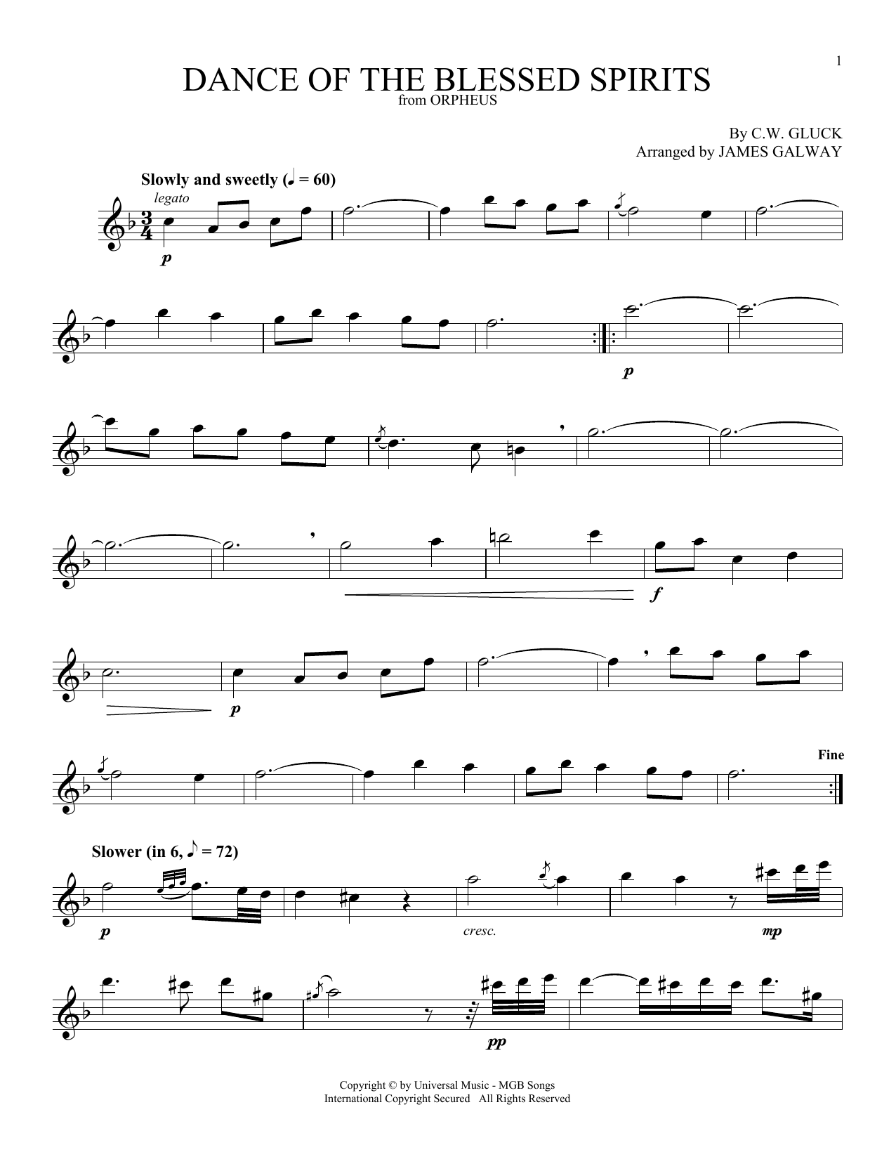 James Galway Dance Of The Blessed Spirits sheet music notes and chords. Download Printable PDF.