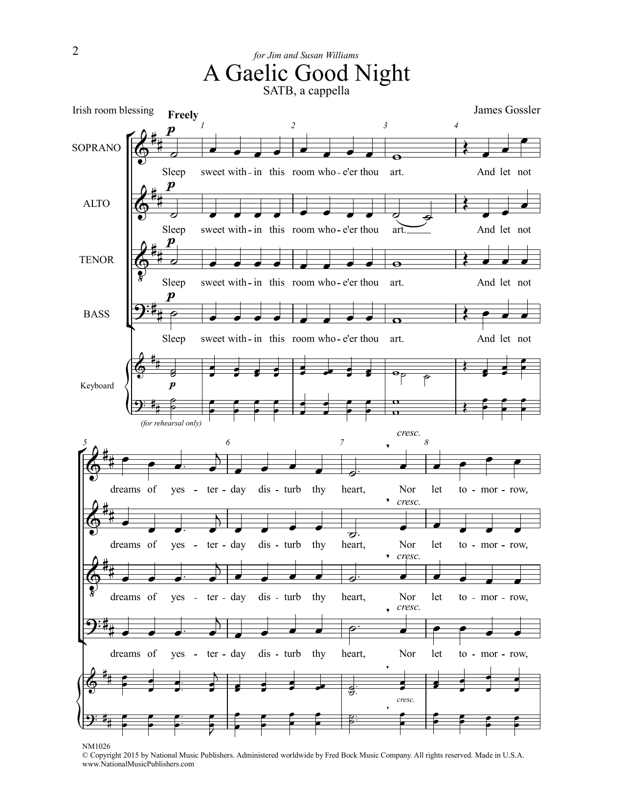 Learn to play James Gossler A Gaelic Good Night sheet music for SATB Choir in minutes. Price: 3.9900$ James Gossler A Gaelic Good Night sheet music notes and chords arranged for SATB Choir