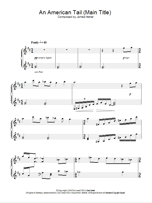 James Horner An American Tail (Main Title) sheet music notes and chords arranged for Piano Solo