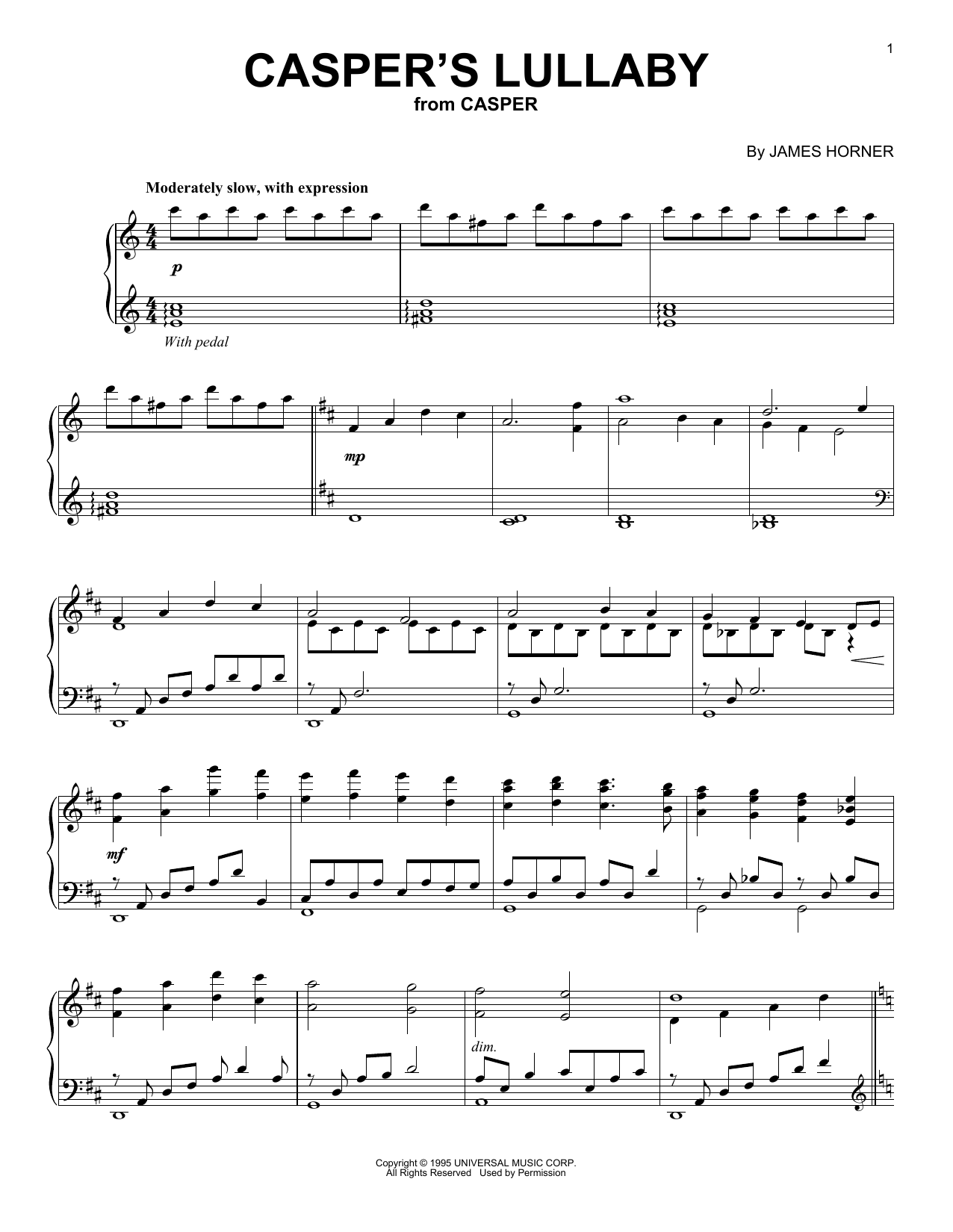 James Horner Casper's Lullaby sheet music notes and chords. Download Printable PDF.