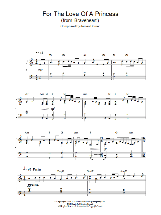 James Horner For The Love Of A Princess (from Braveheart) sheet music notes and chords. Download Printable PDF.