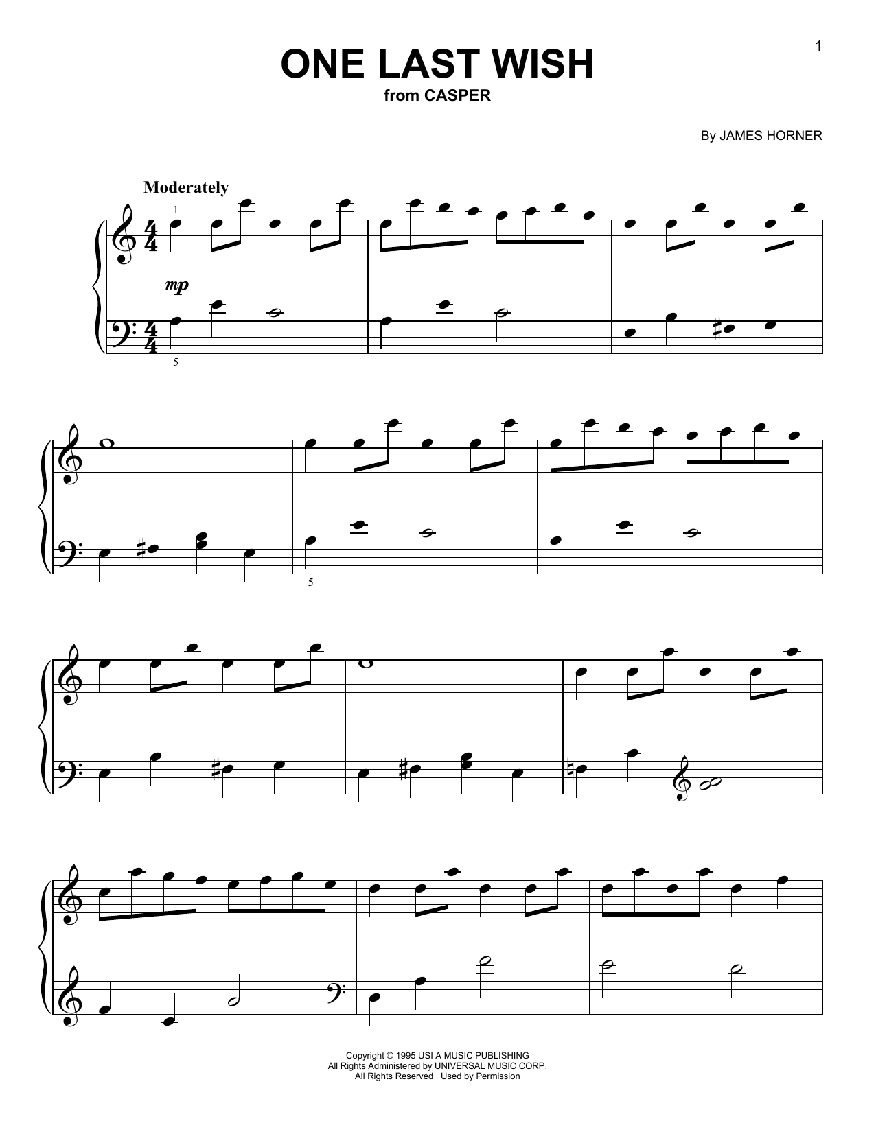 James Horner One Last Wish (from Casper) sheet music notes and chords. Download Printable PDF.