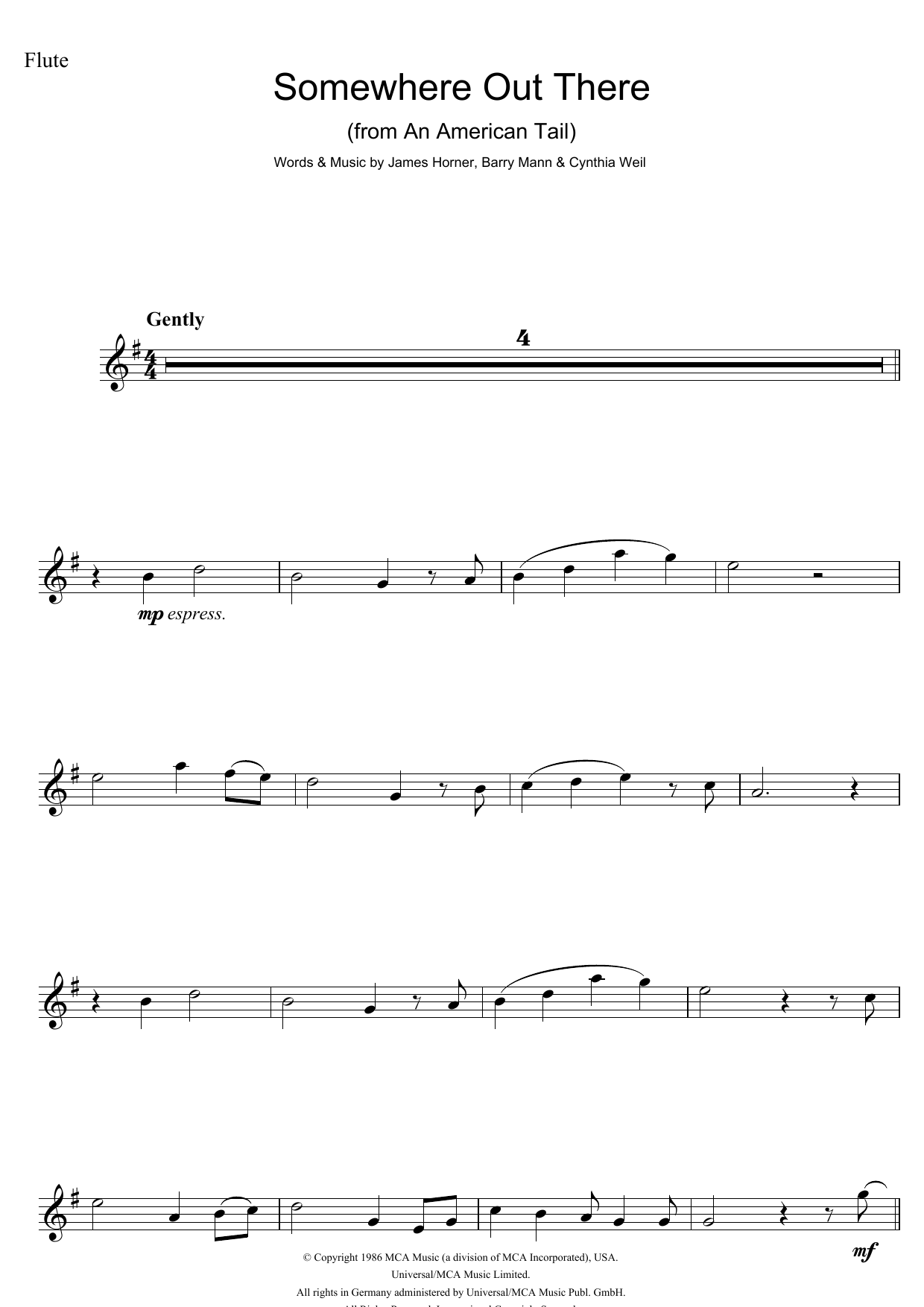 James Horner Somewhere Out There (from An American Tail) sheet music notes and chords. Download Printable PDF.