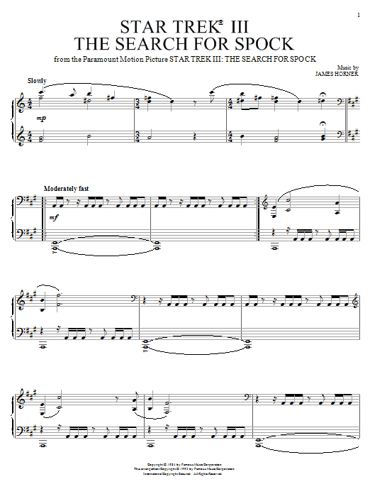 James Horner Star Trek(R) III - The Search For Spock sheet music notes and chords arranged for Piano Solo