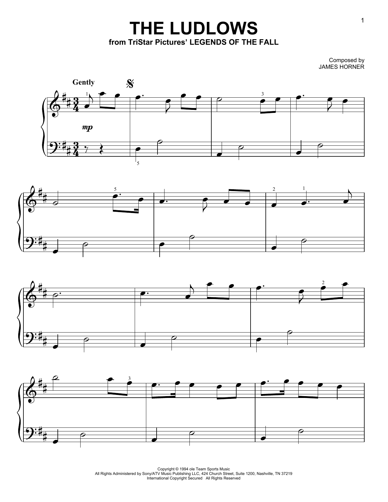 James Horner The Ludlows (from Legends of the Fall) sheet music notes and chords. Download Printable PDF.