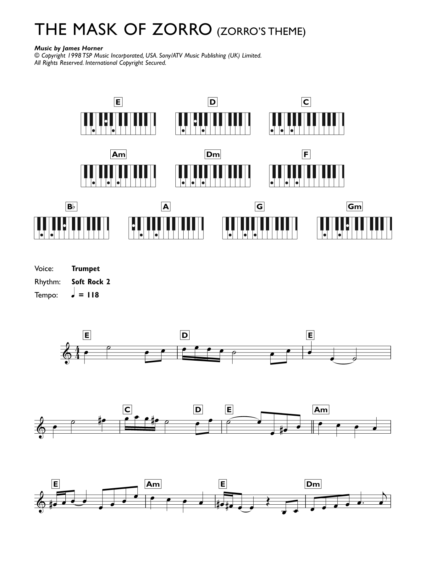 James Horner Zorro's Theme (from The Mask Of Zorro) sheet music notes and chords. Download Printable PDF.