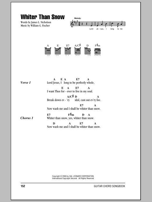 William G. Fischer Whiter Than Snow sheet music notes and chords arranged for Guitar Chords/Lyrics