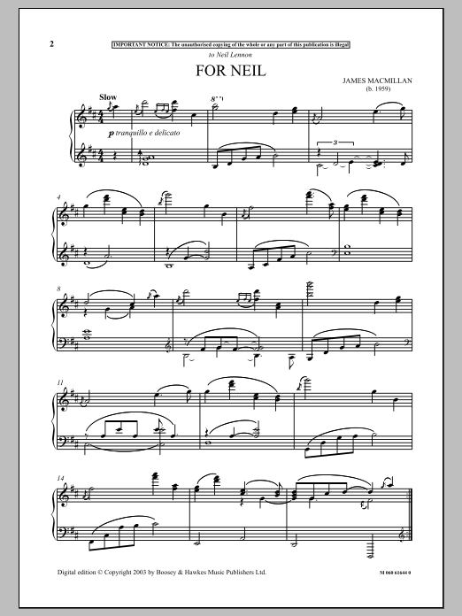 Learn to play James MacMillan For Neil sheet music for Piano Solo in minutes. Price: 7.8900$ James MacMillan For Neil sheet music notes and chords arranged for Piano Solo
