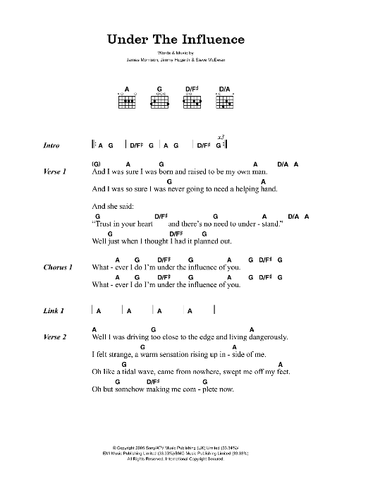 Learn to play James Morrison Under The Influence sheet music for Piano, Vocal & Guitar Chords (Right-Hand Melody) in minutes. Price: 7.8900$ James Morrison Under The Influence sheet music notes and chords arranged for Piano, Vocal & Guitar Chords (Right-Hand Melody)