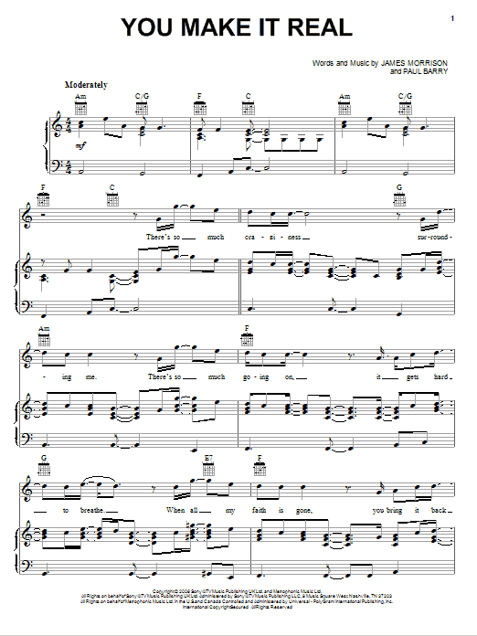 James Morrison You Make It Real sheet music notes and chords arranged for Piano, Vocal & Guitar Chords (Right-Hand Melody)