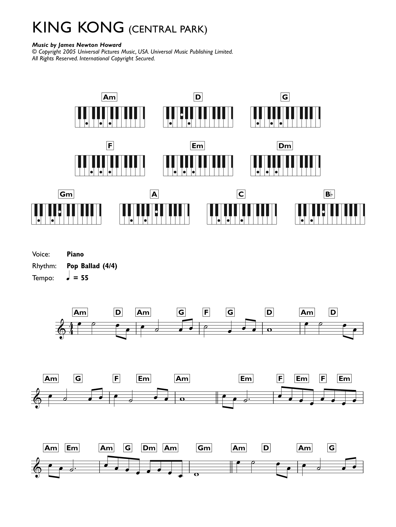 Learn to play James Newton Howard Central Park (from King Kong) sheet music for Piano Chords/Lyrics in minutes. Price: 4.4900$ James Newton Howard Central Park (from King Kong) sheet music notes and chords arranged for Piano Chords/Lyrics