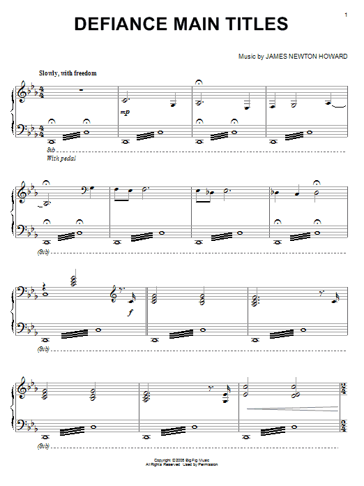 James Newton Howard Defiance Main Titles sheet music notes and chords arranged for Piano Solo