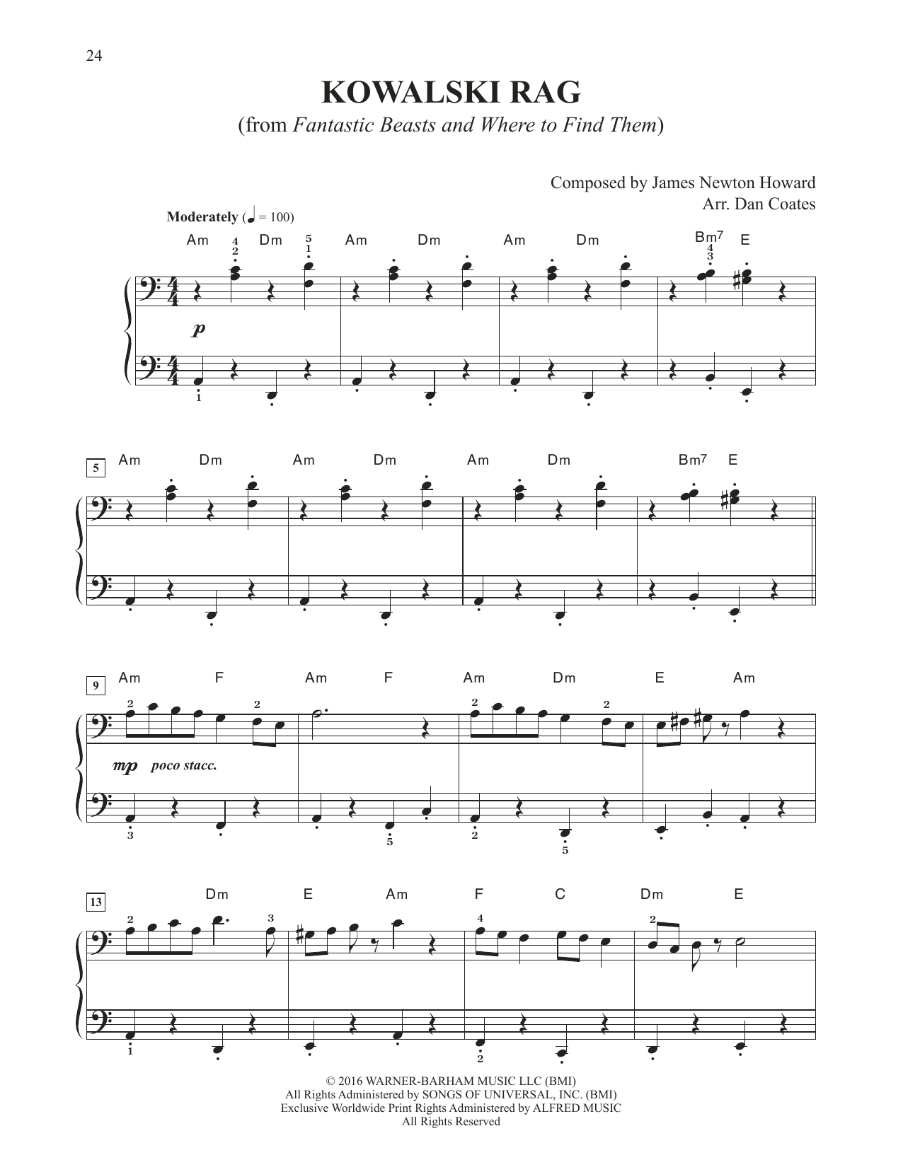 James Newton Howard Kowalski Rag (from Fantastic Beasts And Where To Find Them) (arr. Dan Coates) sheet music notes and chords. Download Printable PDF.