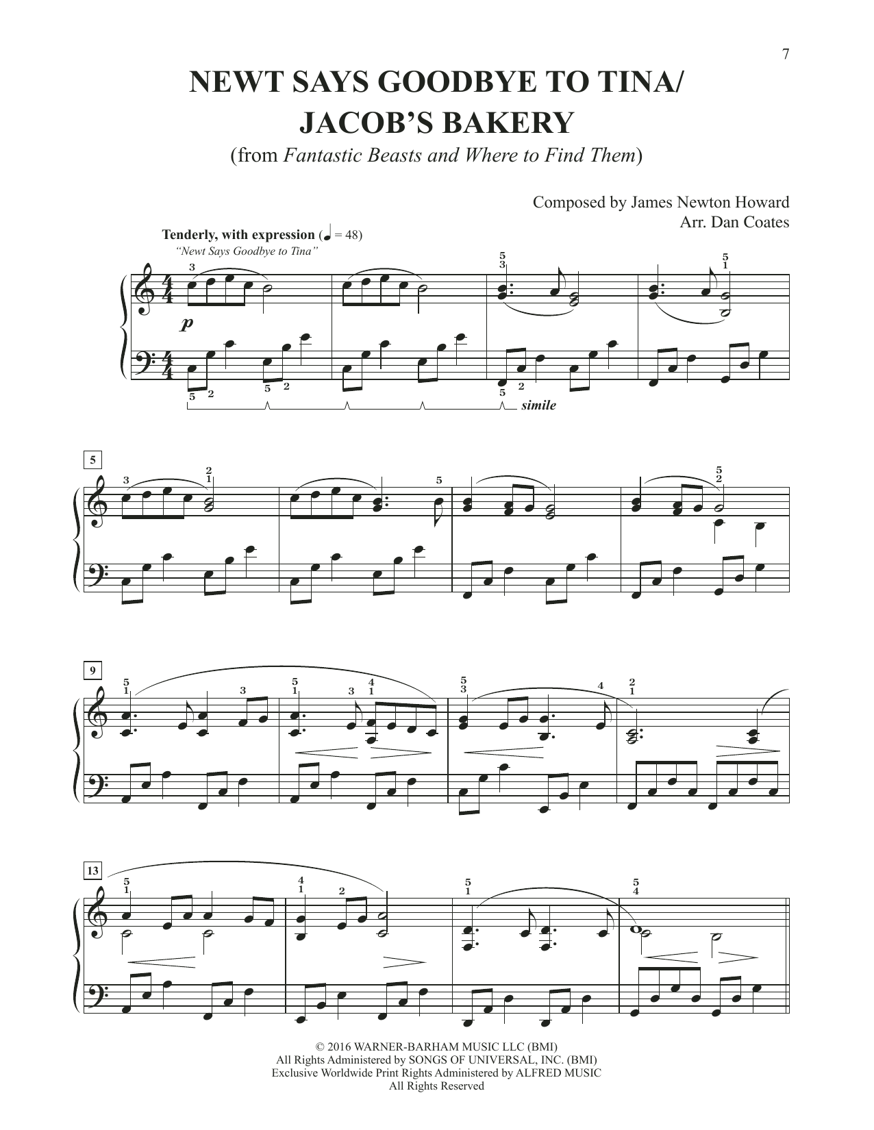 James Newton Howard Newt Says Goodbye To Tina / Jacob's Bakery (arr. Dan Coates) sheet music notes and chords. Download Printable PDF.