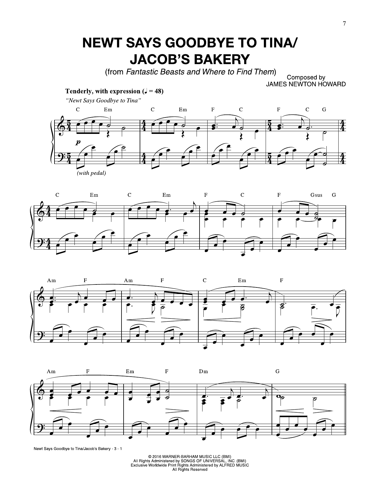 James Newton Howard Newt Says Goodbye To Tina / Jacob's Bakery (from Fantastic Beasts And Where To Find Them) sheet music notes and chords. Download Printable PDF.