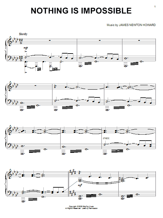 Learn to play James Newton Howard Nothing Is Impossible sheet music for Piano Solo in minutes. Price: 7.8900$ James Newton Howard Nothing Is Impossible sheet music notes and chords arranged for Piano Solo