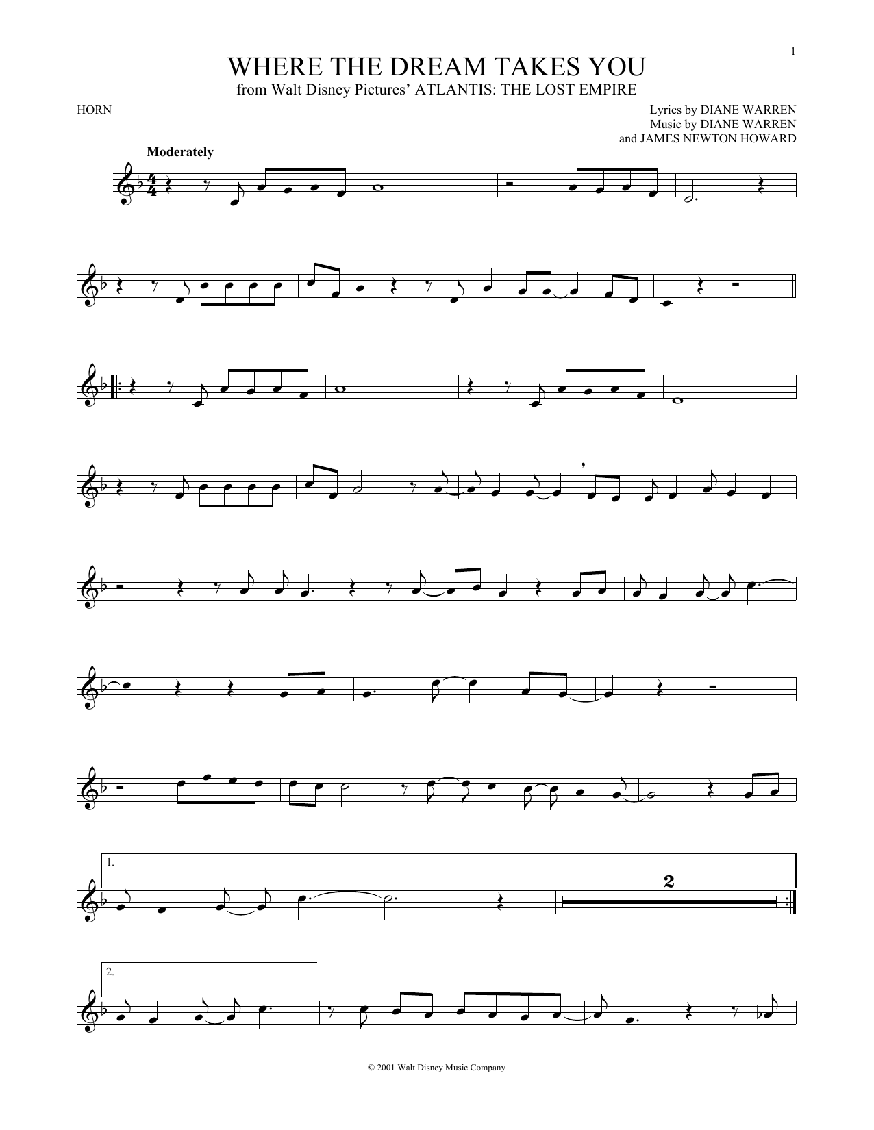 James Newton Howard Where The Dream Takes You sheet music notes and chords. Download Printable PDF.