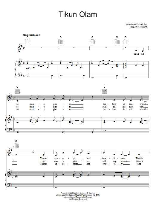 James R. Cohen Tikun Olam sheet music notes and chords arranged for Piano, Vocal & Guitar Chords (Right-Hand Melody)