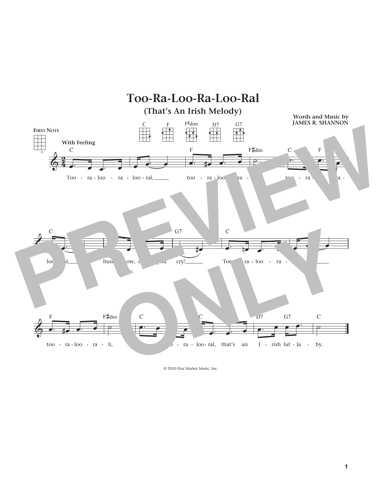 Learn to play James R. Shannon Too-Ra-Loo-Ra-Loo-Ral (That's An Irish Lullaby) (from The Daily Ukulele) (arr. Liz and Jim Beloff) sheet music for Ukulele in minutes. Price: 5.9900$ James R. Shannon Too-Ra-Loo-Ra-Loo-Ral (That's An Irish Lullaby) (from The Daily Ukulele) (arr. Liz and Jim Beloff) sheet music notes and chords arranged for Ukulele