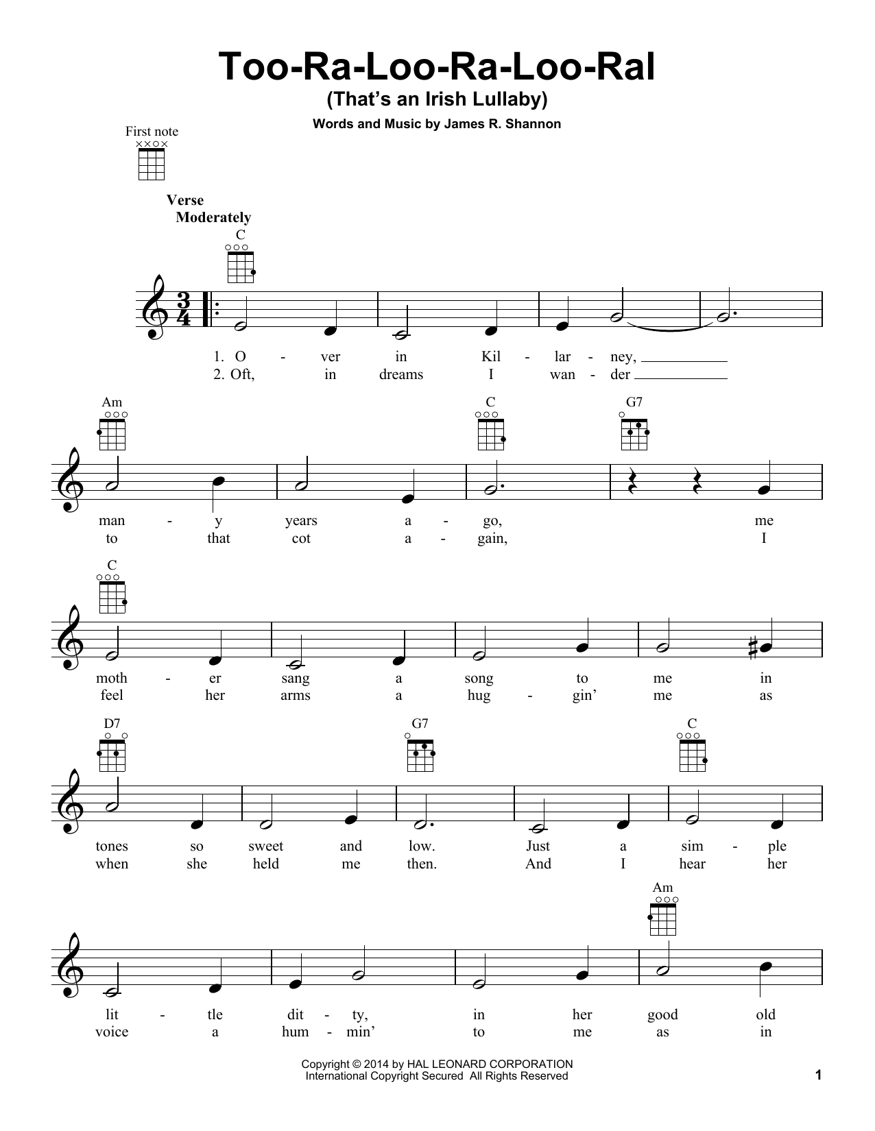 James R. Shannon Too-Ra-Loo-Ra-Loo-Ral (That's An Irish Lullaby) sheet music notes and chords. Download Printable PDF.