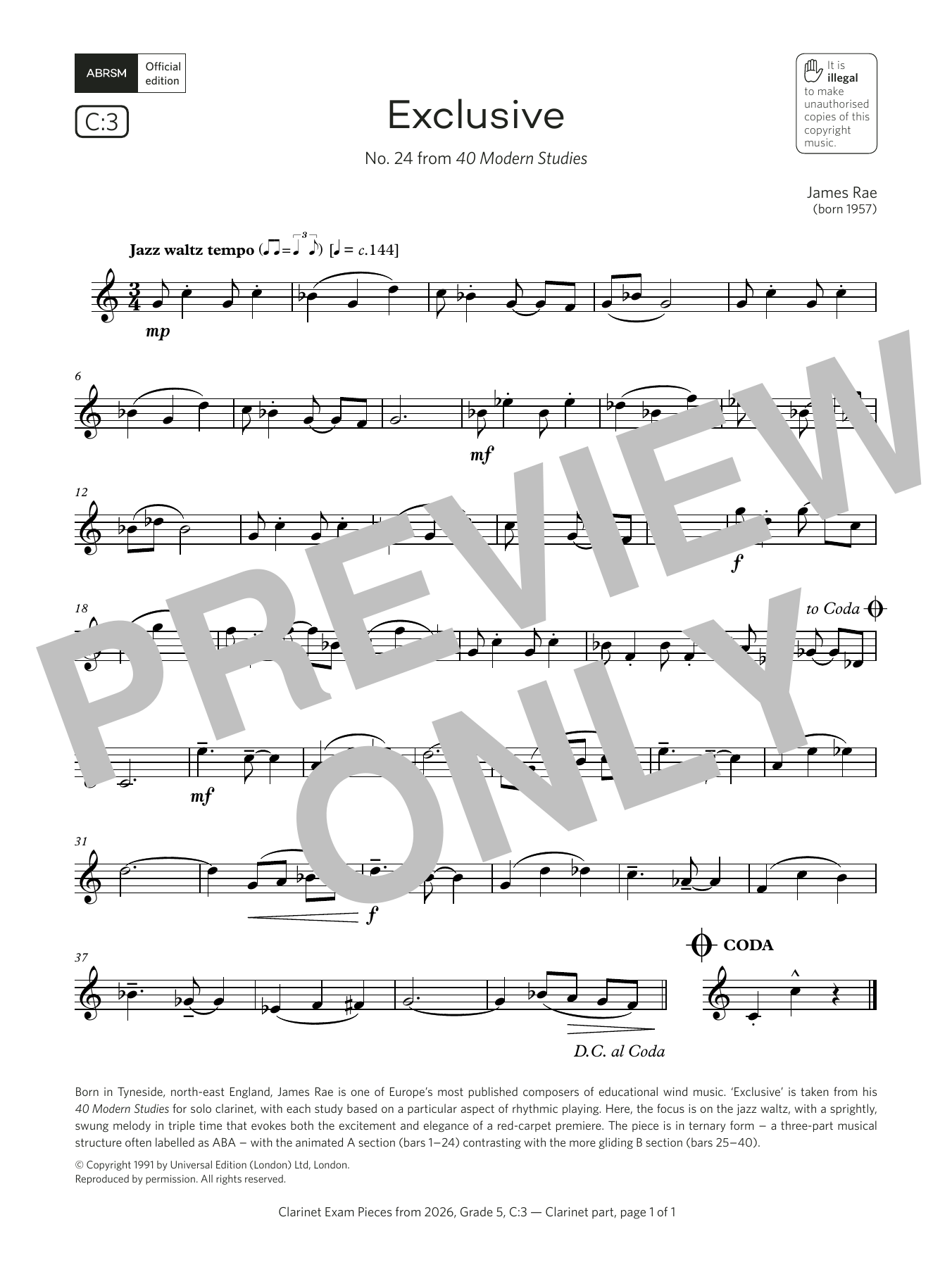 Learn to play James Rae Exclusive (Grade 5, list C3, from the ABRSM Clarinet Syllabus from 2026) sheet music for Clarinet Solo in minutes. Price: 5.9900$ James Rae Exclusive (Grade 5, list C3, from the ABRSM Clarinet Syllabus from 2026) sheet music notes and chords arranged for Clarinet Solo