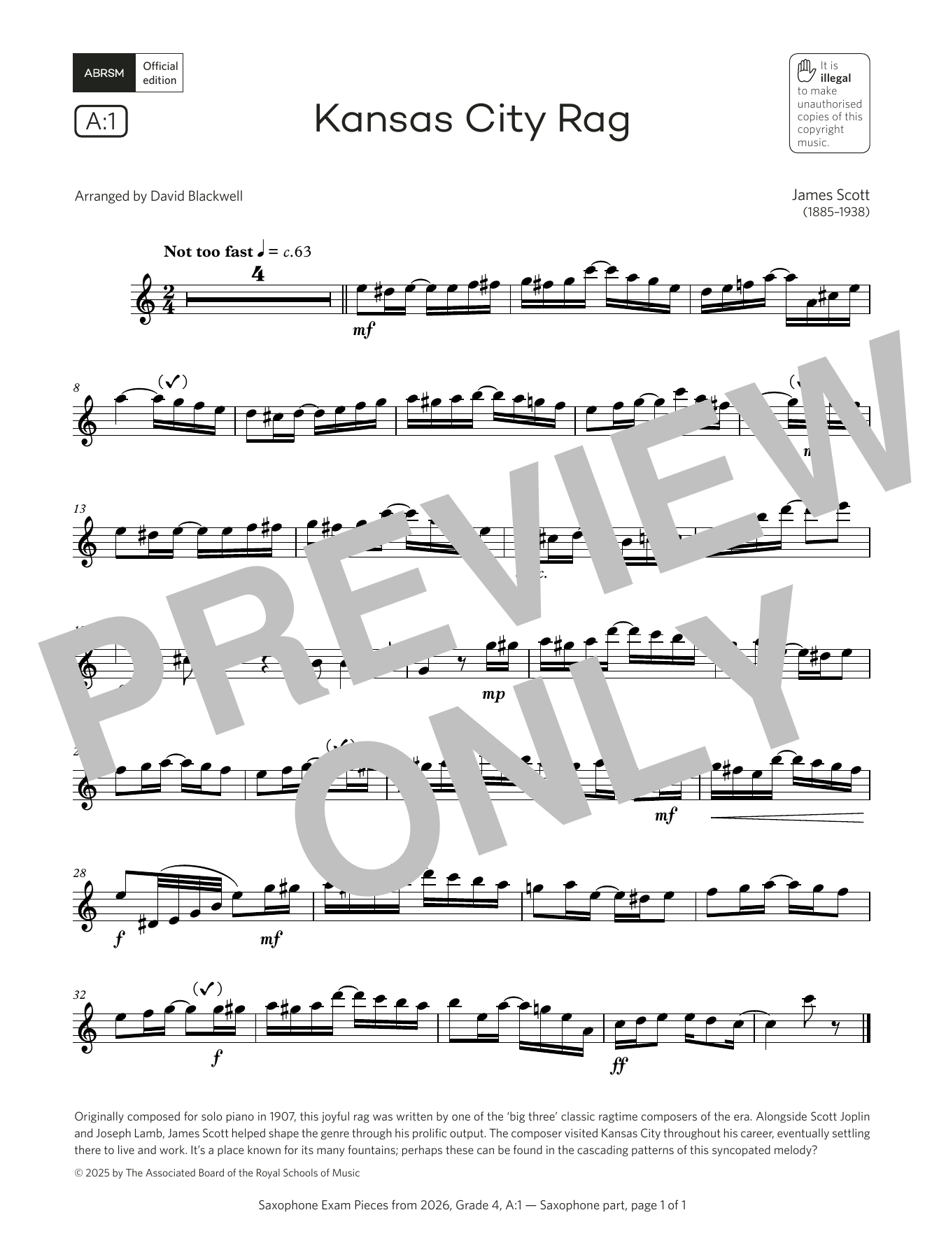 Learn to play James Scott Kansas City Rag (Grade 4, list A1, from the ABRSM Saxophone Syllabus from 2026) sheet music for Alto Sax Solo in minutes. Price: 5.9900$ James Scott Kansas City Rag (Grade 4, list A1, from the ABRSM Saxophone Syllabus from 2026) sheet music notes and chords arranged for Alto Sax Solo