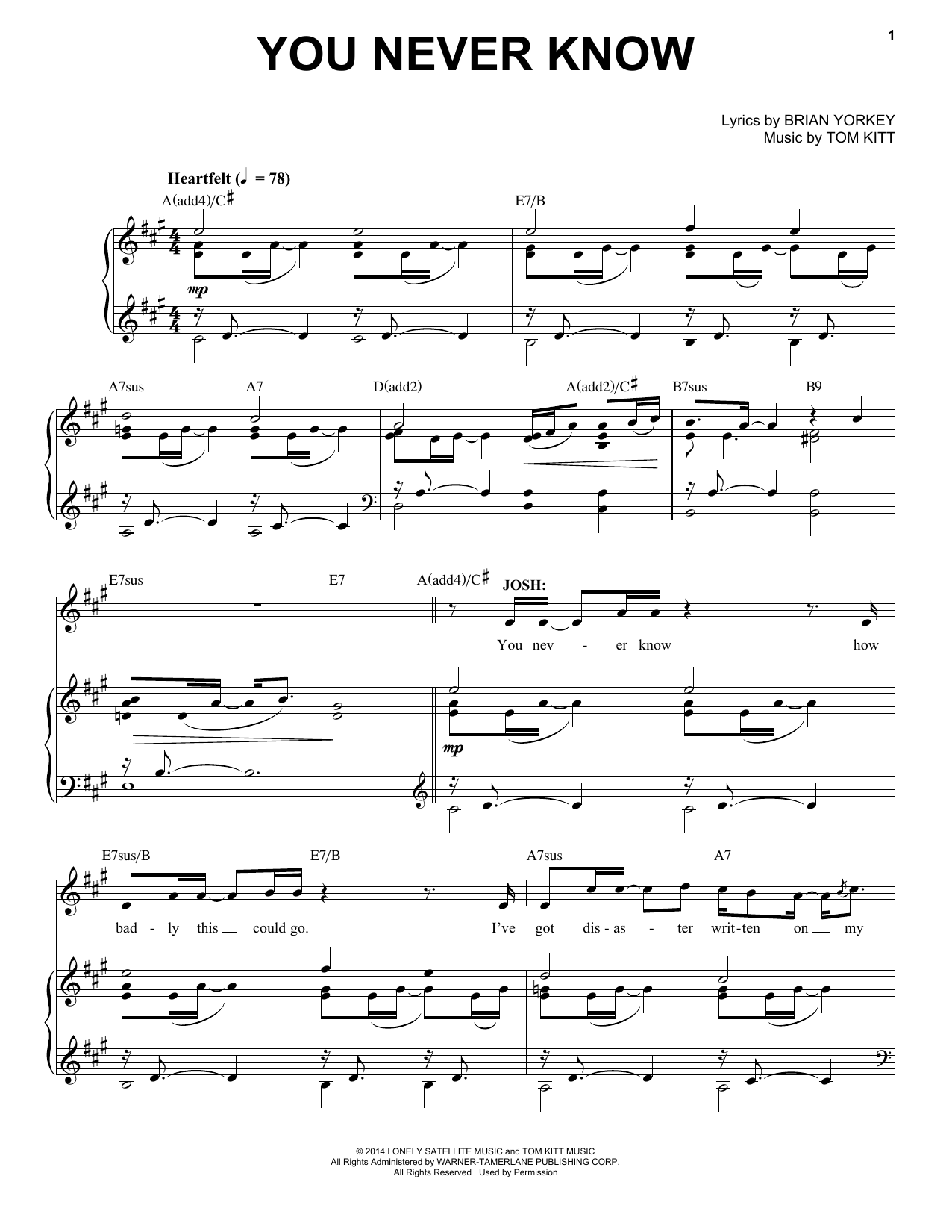 Learn to play James Snyder You Never Know (from If/Then: A New Musical) sheet music for Piano & Vocal in minutes. Price: 7.8900$ James Snyder You Never Know (from If/Then: A New Musical) sheet music notes and chords arranged for Piano & Vocal