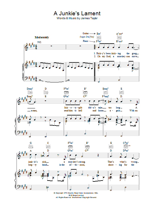 Learn to play James Taylor A Junkie's Lament sheet music for Piano, Vocal & Guitar Chords in minutes. Price: 7.8900$ James Taylor A Junkie's Lament sheet music notes and chords arranged for Piano, Vocal & Guitar Chords