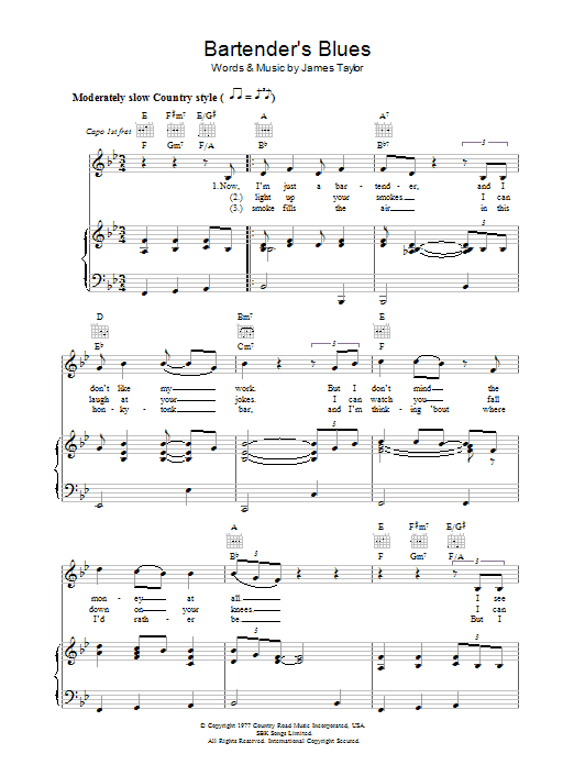 Learn to play James Taylor Bartender's Blues sheet music for Piano, Vocal & Guitar Chords in minutes. Price: 7.8900$ James Taylor Bartender's Blues sheet music notes and chords arranged for Piano, Vocal & Guitar Chords