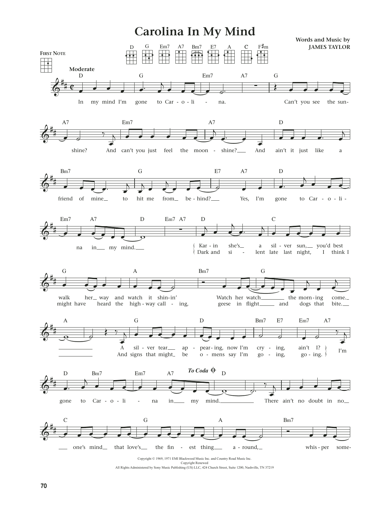 James Taylor Carolina In My Mind (from The Daily Ukulele) (arr. Jim Beloff) sheet music notes and chords. Download Printable PDF.