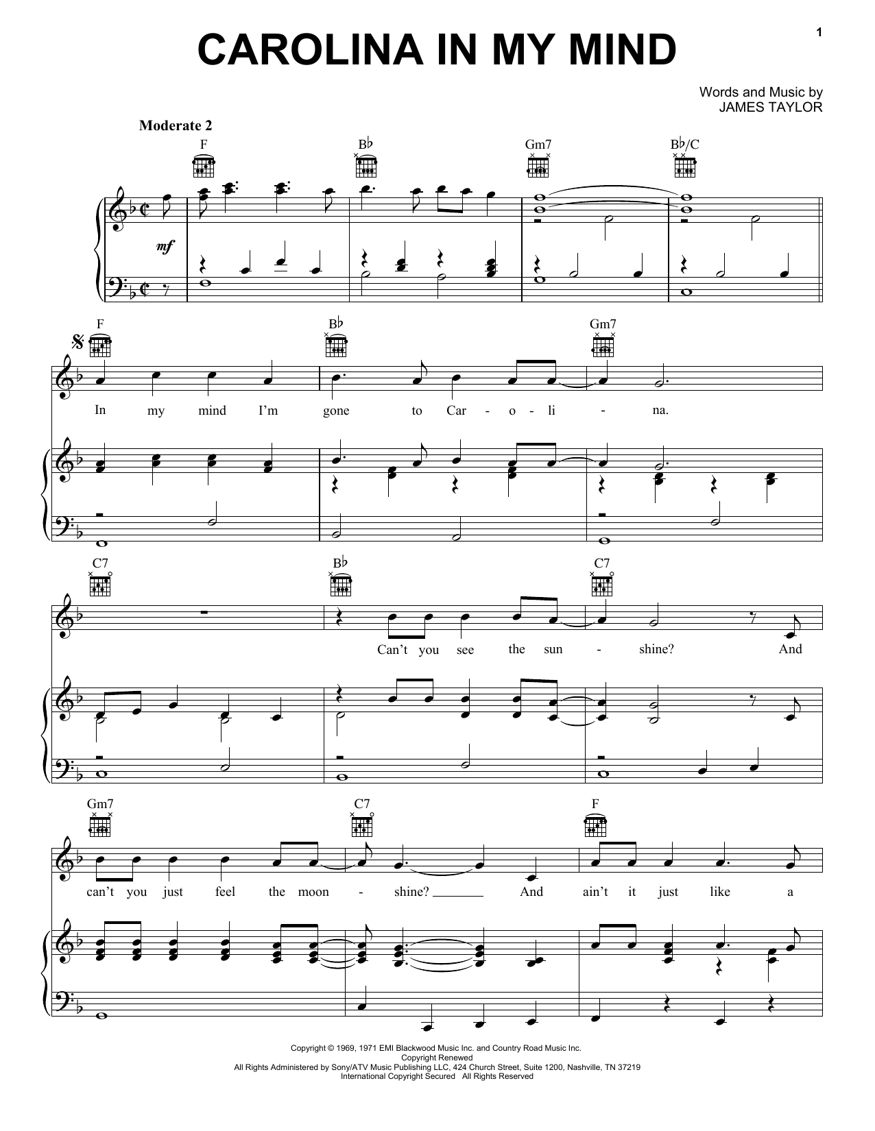 James Taylor Carolina In My Mind sheet music notes and chords. Download Printable PDF.