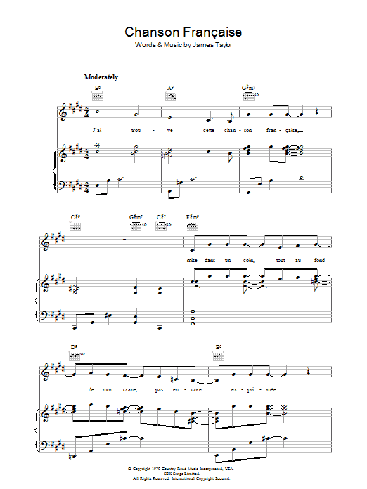Learn to play James Taylor Chanson Francaise sheet music for Piano, Vocal & Guitar Chords in minutes. Price: 7.8900$ James Taylor Chanson Francaise sheet music notes and chords arranged for Piano, Vocal & Guitar Chords