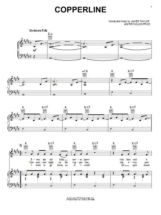 James Taylor Copperline sheet music notes and chords. Download Printable PDF.