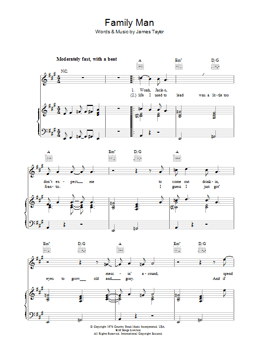 Learn to play James Taylor Family Man sheet music for Piano, Vocal & Guitar Chords in minutes. Price: 7.8900$ James Taylor Family Man sheet music notes and chords arranged for Piano, Vocal & Guitar Chords